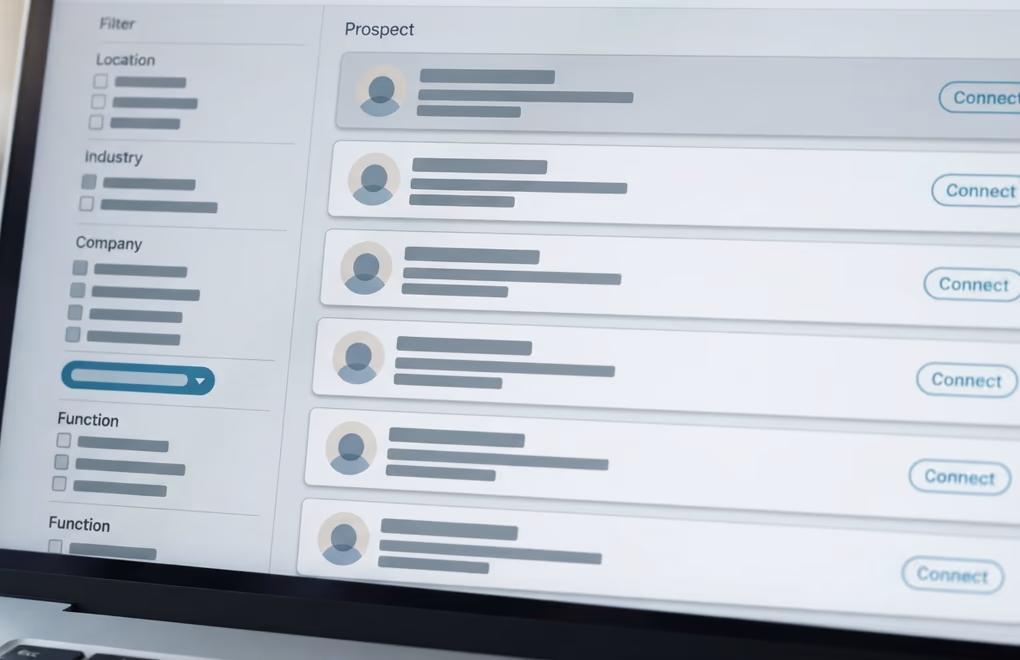 A LinkedIn search filtered by role and industry returning a short list of matching prospects