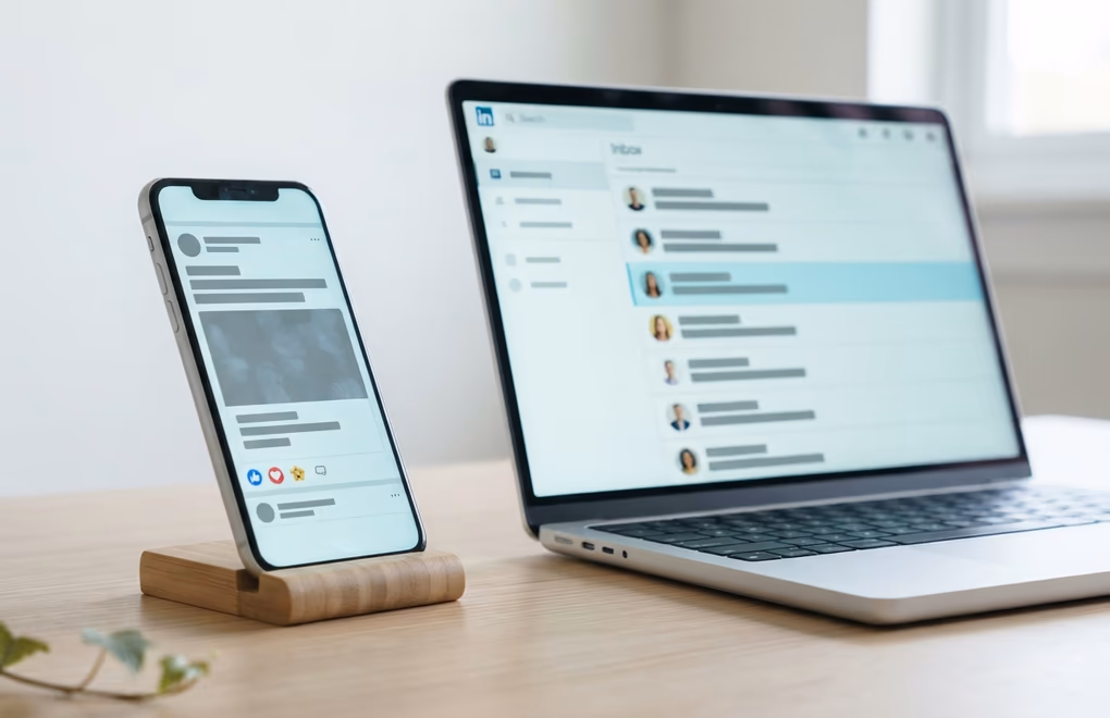 A phone showing a LinkedIn post with reactions beside a laptop open to a message inbox