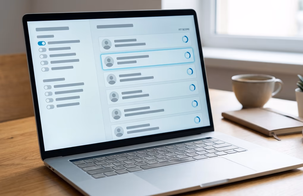 A laptop showing a shortlist of ideal client profiles filtered by role and industry
