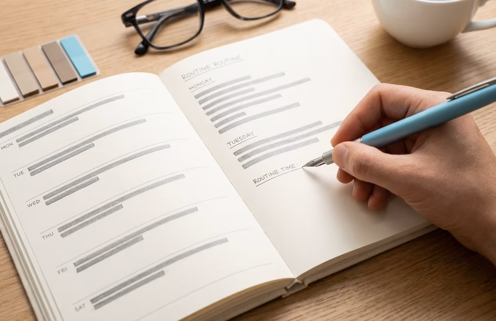 A weekly LinkedIn client system planned in a notebook beside a laptop