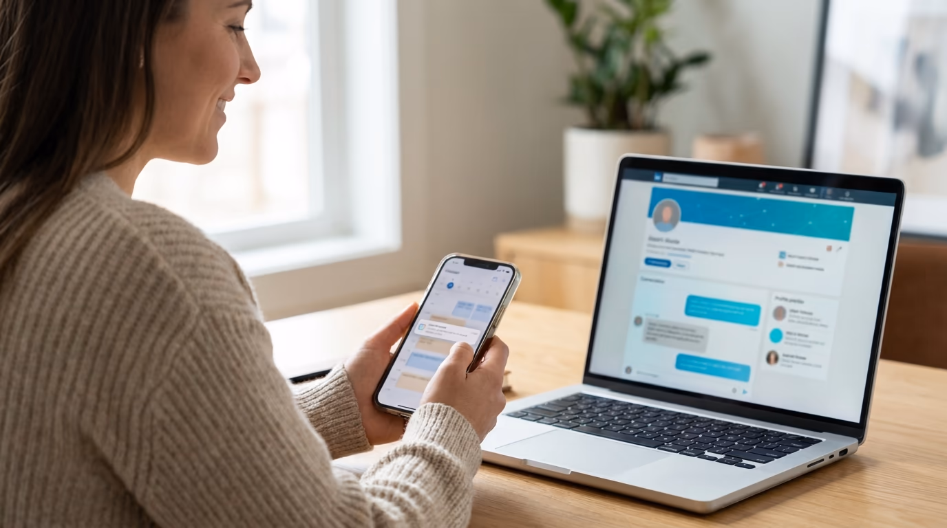 How to get clients on LinkedIn: a consultant reviewing a new client conversation on a laptop