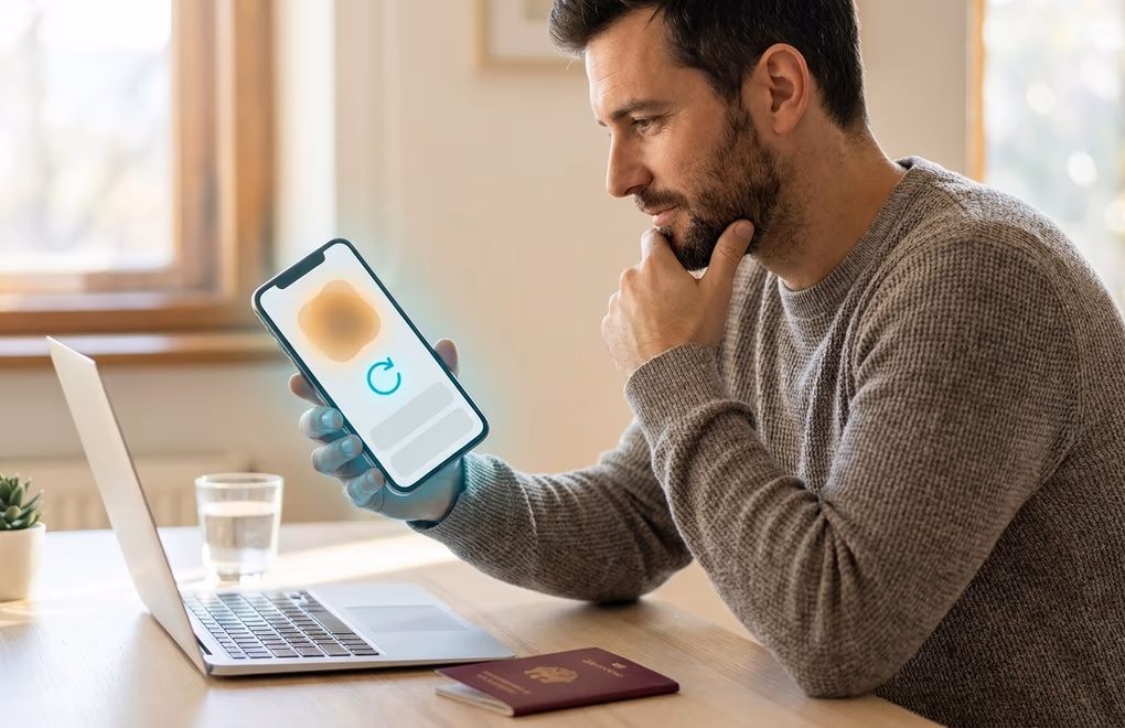 Retrying a failed identity check on a phone in a bright office