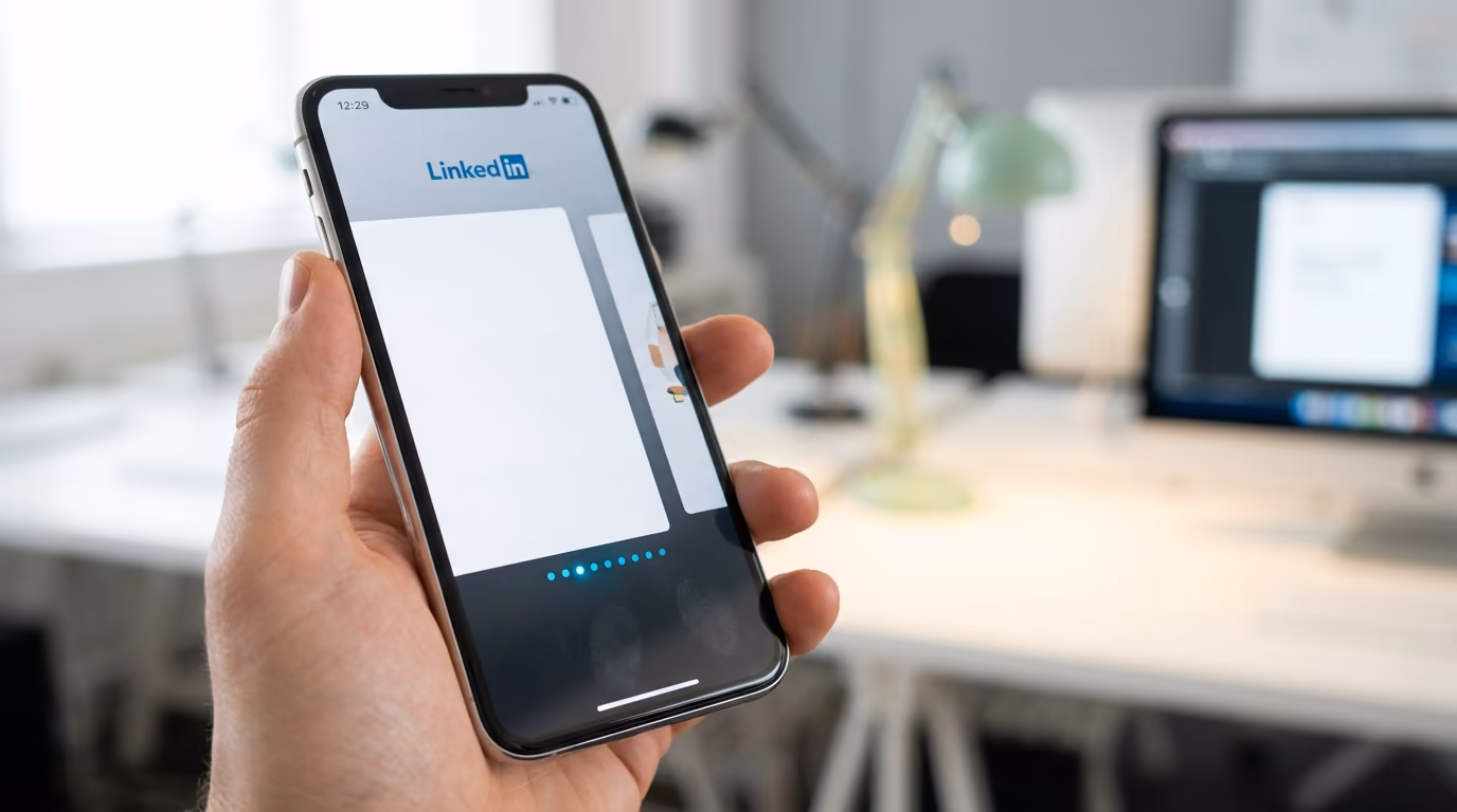 Smartphone showing LinkedIn carousel post mid-swipe