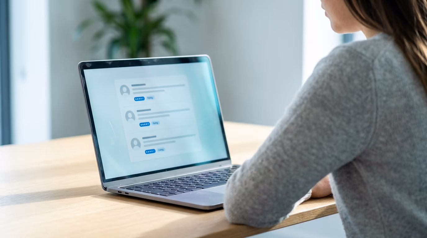 How to prospect on LinkedIn: a seller reviewing a shortlist of target prospects on a laptop