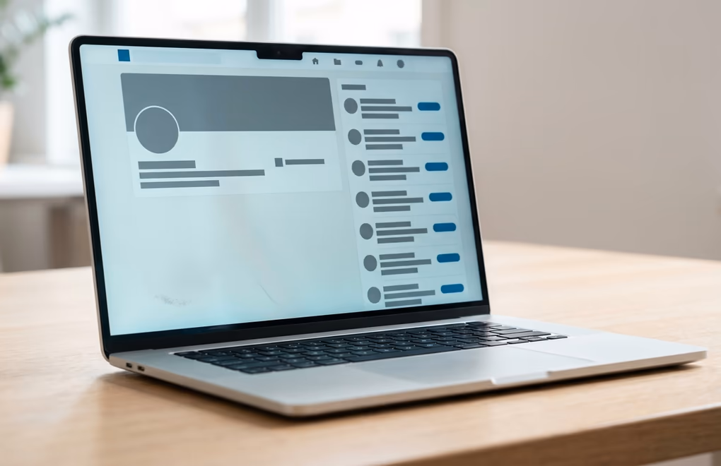 A LinkedIn profile and search results open on a laptop while a seller builds a target list