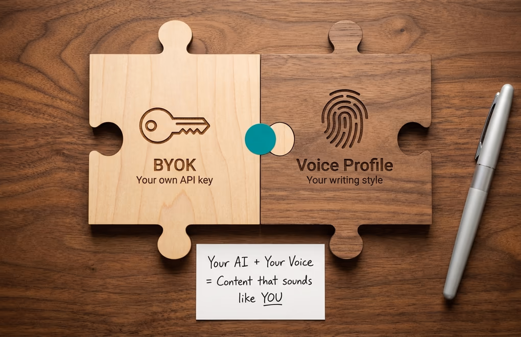 Two puzzle pieces connecting - one labeled BYOK with an API key icon, one labeled Voice Profile with a fingerprint icon, fitting together on a desk