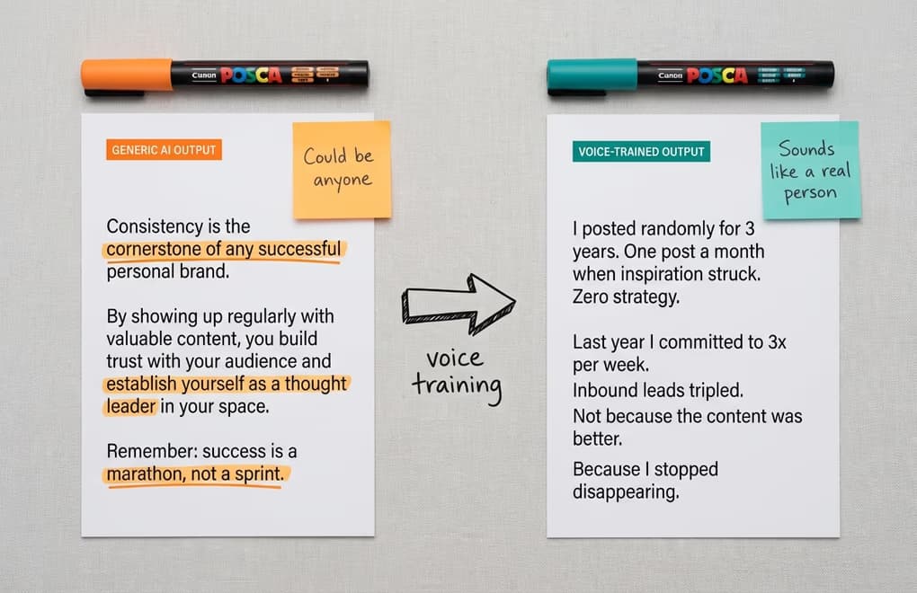 Two printed LinkedIn posts side by side - one with generic AI writing patterns highlighted in orange, one with authentic personal voice with specific details