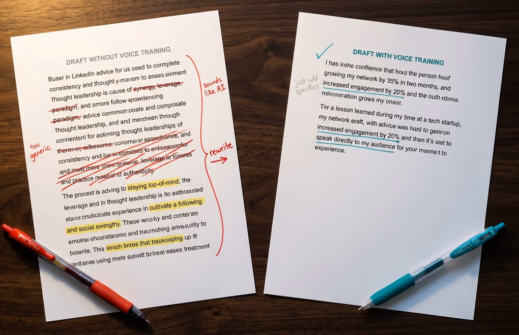 Two printed LinkedIn drafts on a desk - a generic AI version with a red X and a voice-trained version with a teal checkmark showing the quality difference