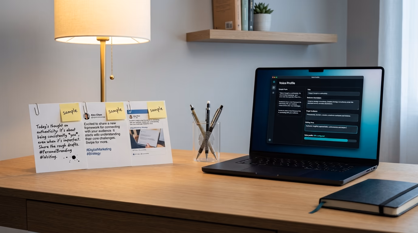 A person's handwritten journal pages and sample posts being analyzed beside a laptop screen showing an AI interface learning their writing style