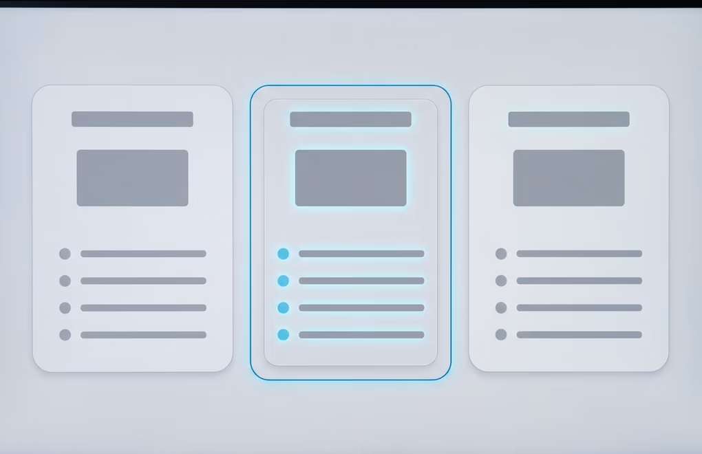 Three subscription plan cards compared on a screen with prices shown as soft placeholder bars