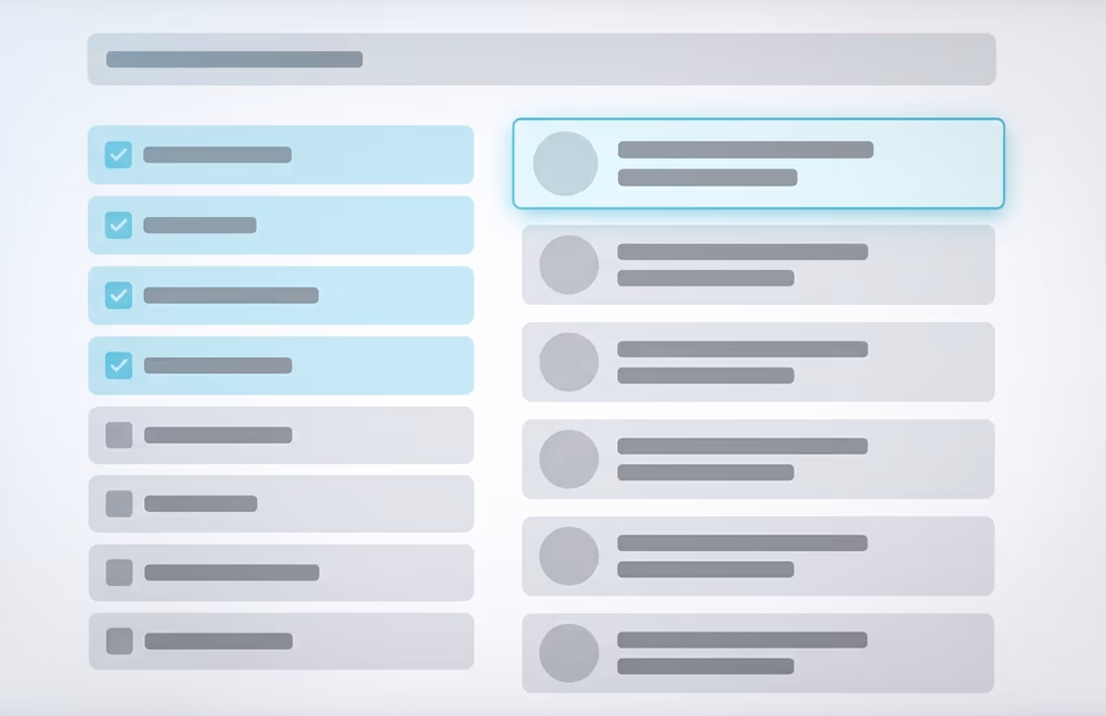 A prospecting search panel with stacked filters returning a short list of matching people