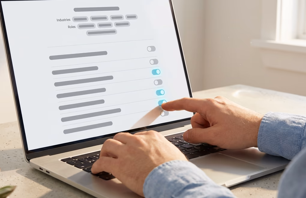 Hands setting ideal-customer preferences and saving a first account list on a laptop