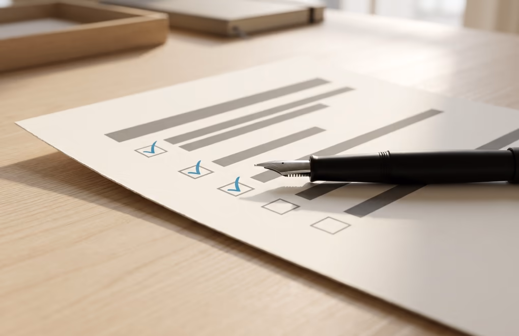 A printed qualification checklist marking budget, authority, need, and timeline for a prospect