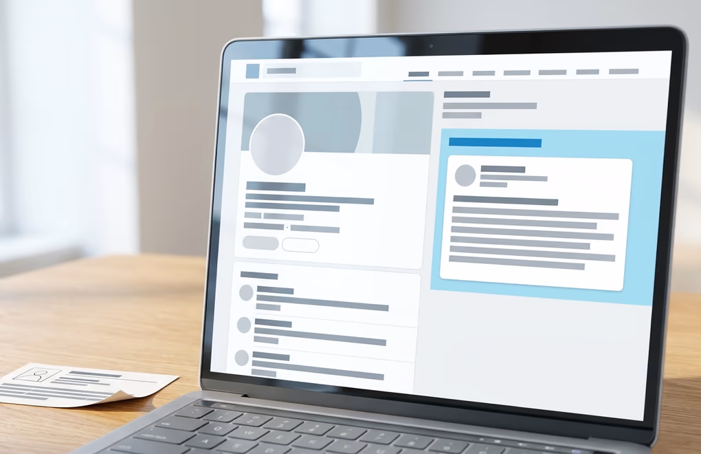 A laptop showing a LinkedIn profile and a recent post being checked against an ideal customer note