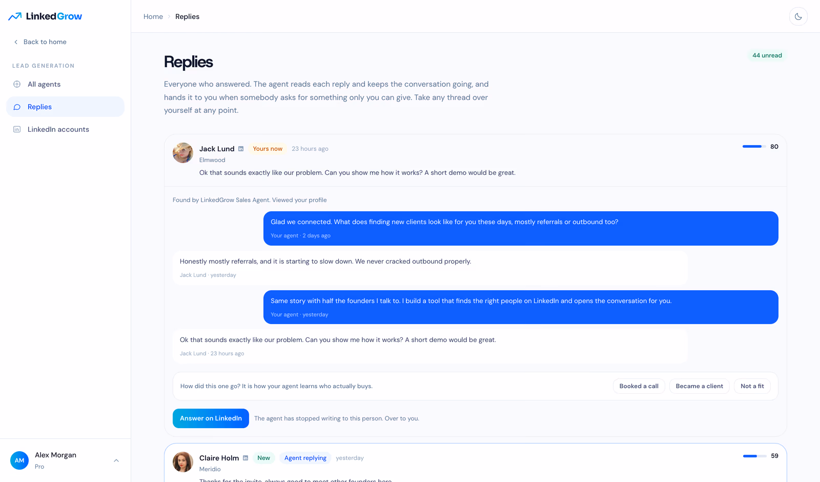 A thread on the Replies page where the agent talked first and handed over when the lead asked for a demo