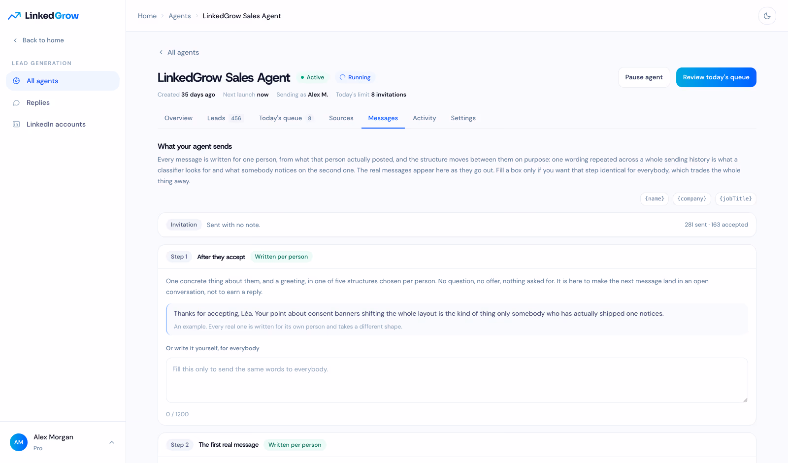 The Messages tab showing the invitations and conversations an agent sent from its own account