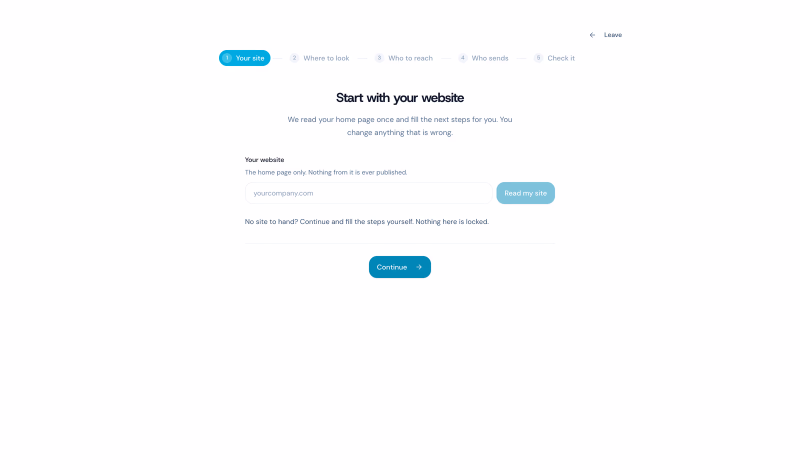 Setup wizard first step where you enter a website address and the agent reads the site