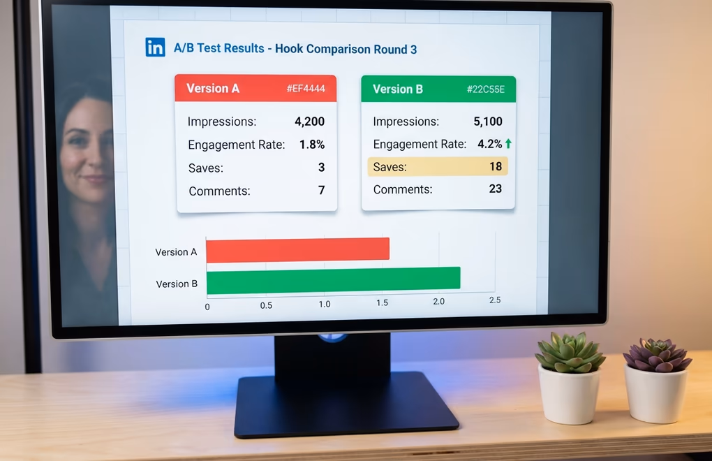Close-up of an analytics screen showing LinkedIn engagement metrics with highlighted comparison between two post variations