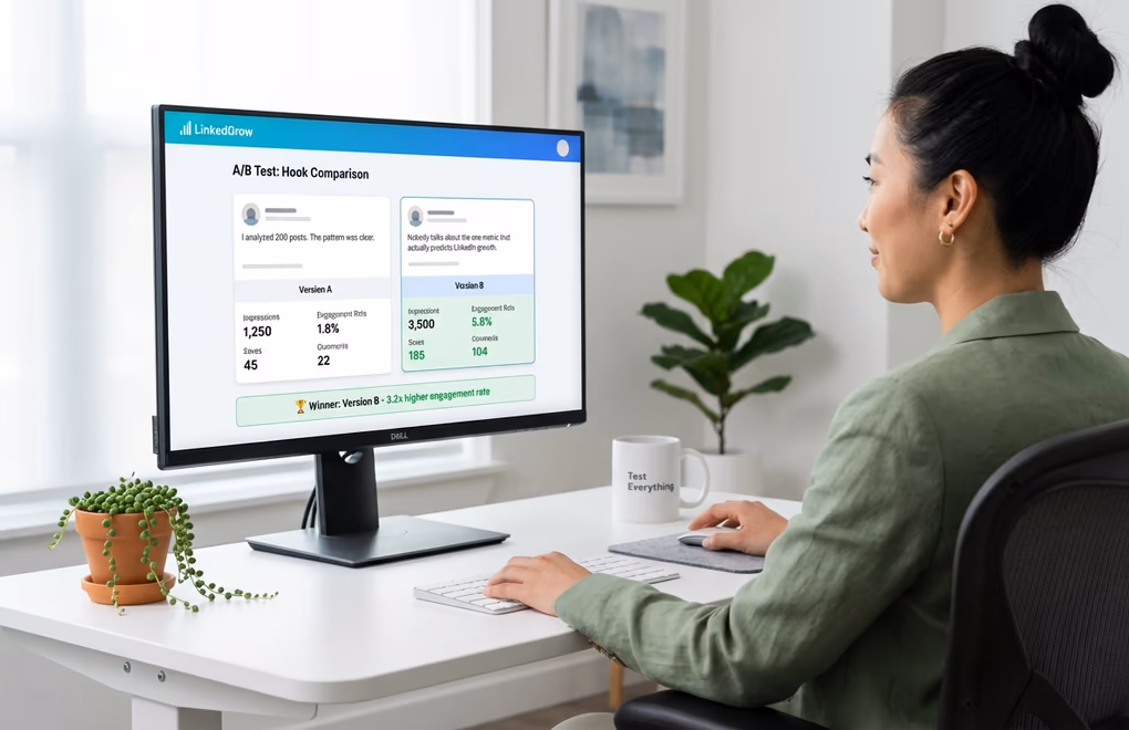 LinkedGrow A/B testing dashboard showing side-by-side post comparison with engagement metrics and winner declaration