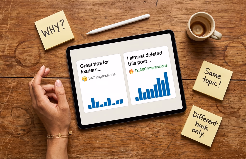 Creator studying two LinkedIn post performance charts showing dramatically different results on a tablet