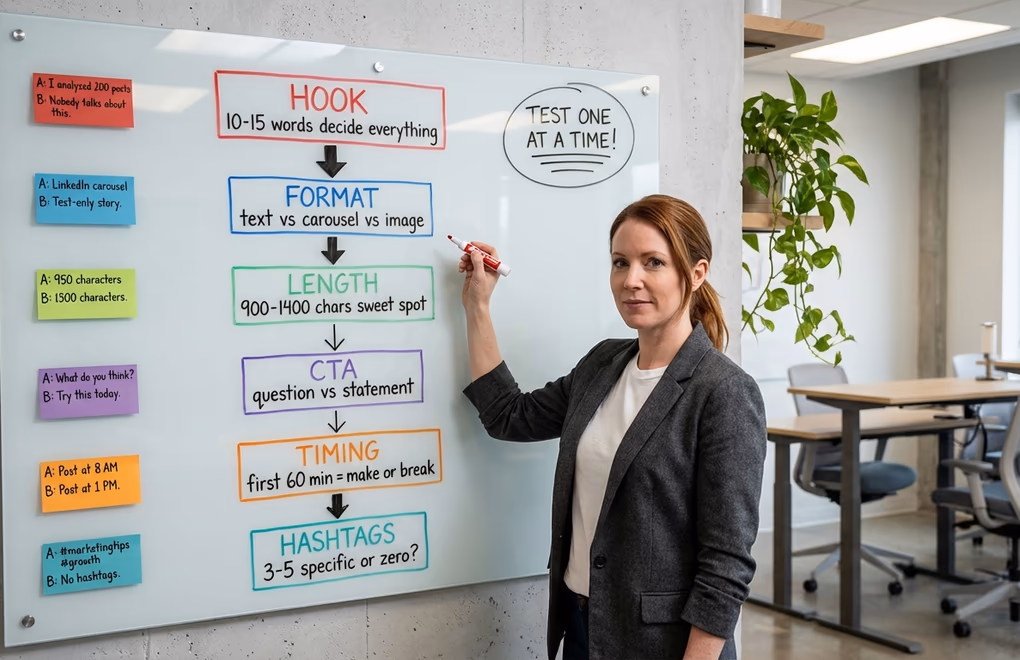 Whiteboard showing six LinkedIn post variables mapped out with arrows and color-coded sticky notes