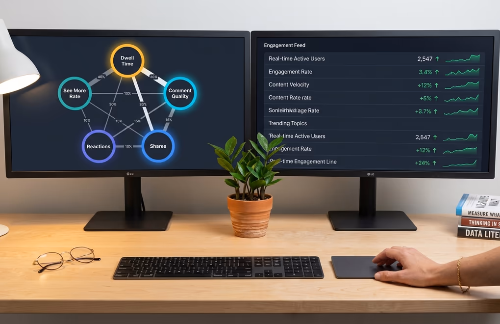 Five interconnected ranking signals displayed as a network diagram on a professional dashboard