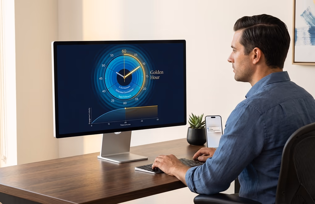 Clock showing the critical first 60 minutes of a LinkedIn post with engagement waves expanding outward