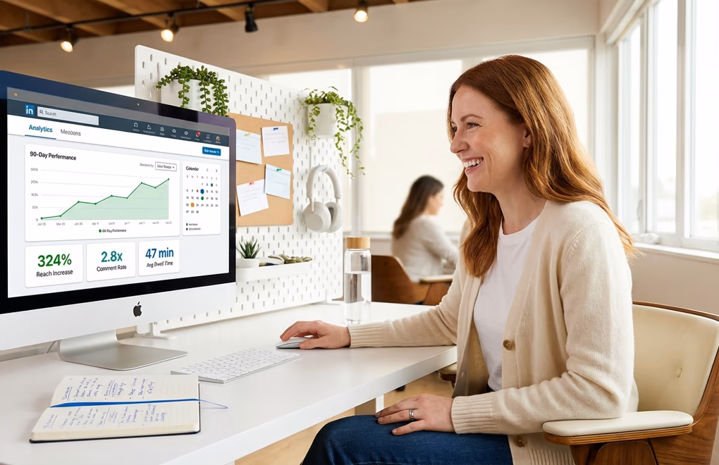 Content creator reviewing LinkedIn analytics dashboard showing high engagement metrics on a desktop monitor