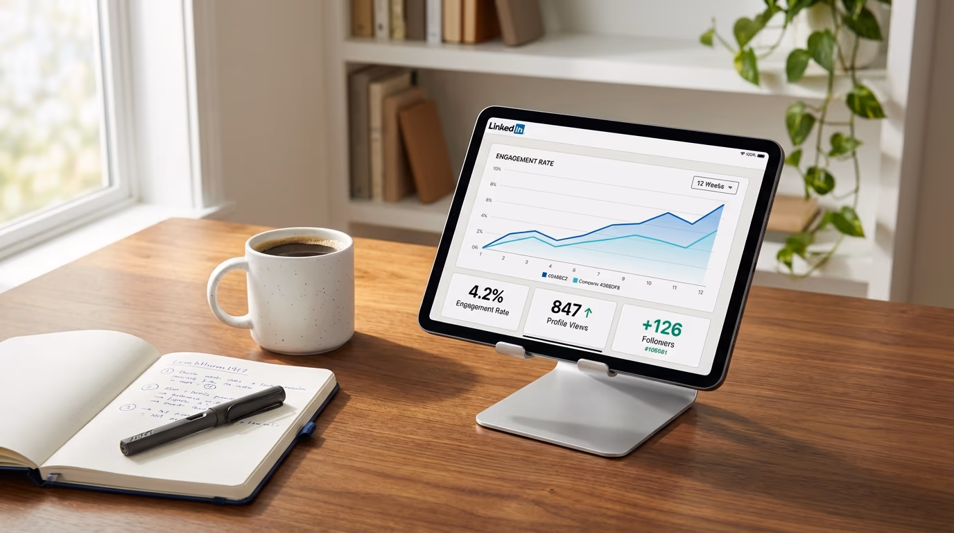 Close-up of a tablet displaying LinkedIn analytics charts and engagement metrics with a coffee cup and notebook beside it