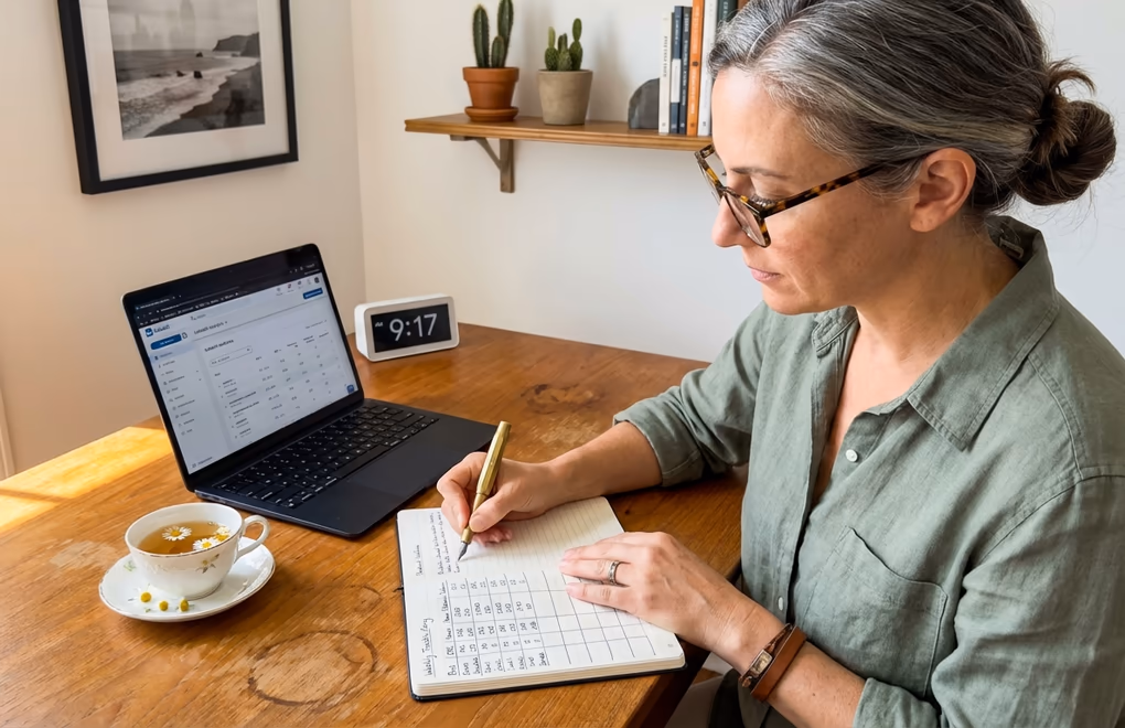 Overhead view of a desk with an open notebook showing weekly LinkedIn metrics tracking alongside a laptop displaying analytics