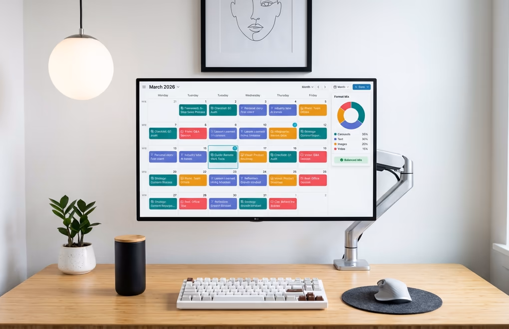 Content calendar view on a desktop monitor showing scheduled LinkedIn carousel posts alongside text and image posts for a balanced content mix