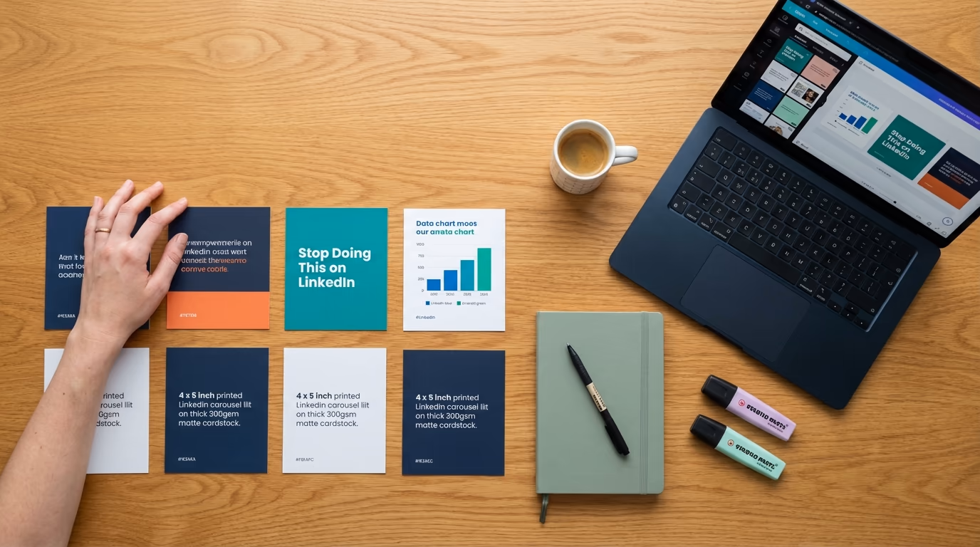 Colorful LinkedIn carousel slides being arranged on a designer workspace with brand elements and typography samples