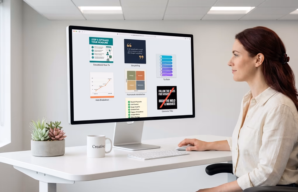 Grid display of seven different LinkedIn carousel format types showing educational, storytelling, listicle, data, framework, checklist, and contrarian styles