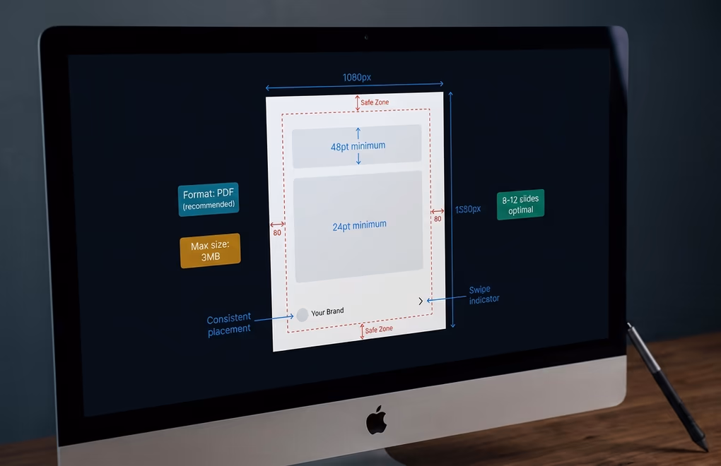 Technical diagram showing optimal LinkedIn carousel dimensions, safe zones, and font sizes on a slide template