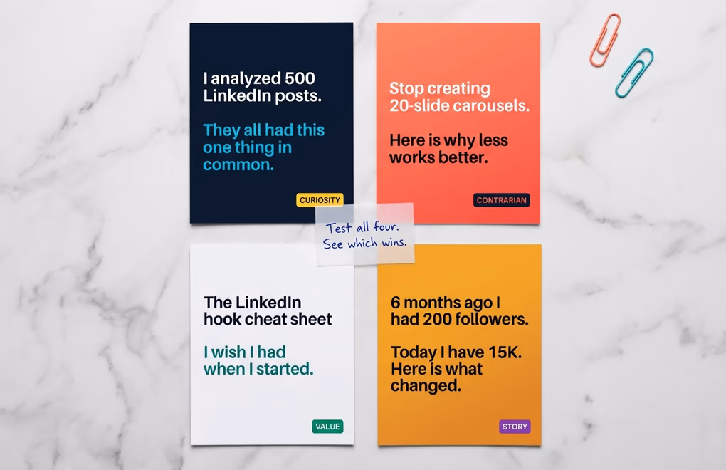 Four different carousel hook slide designs showing curiosity, contrarian, value, and story-based opening approaches