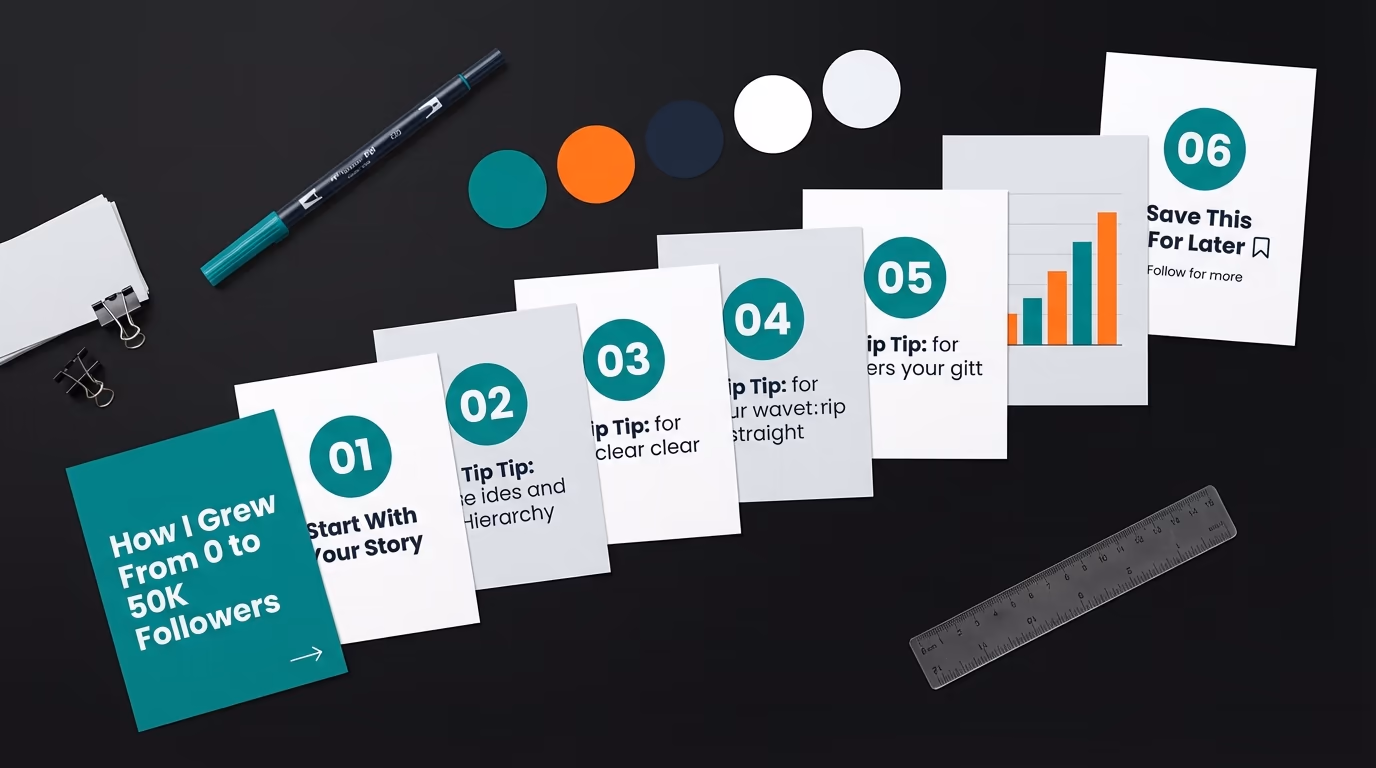 Colorful LinkedIn carousel slide designs spread across a desk with brand color swatches and typography samples