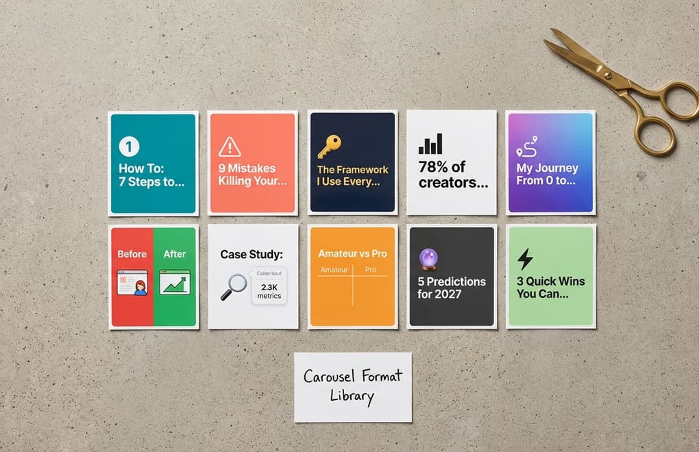 Grid of 10 different LinkedIn carousel format examples showing educational, listicle, framework, storytelling and other types