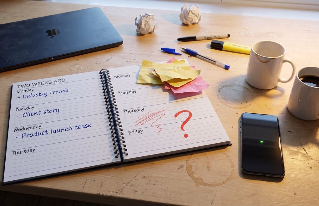 Messy desk with an abandoned paper planner buried under coffee cups and scattered notes showing the reality of failed content planning