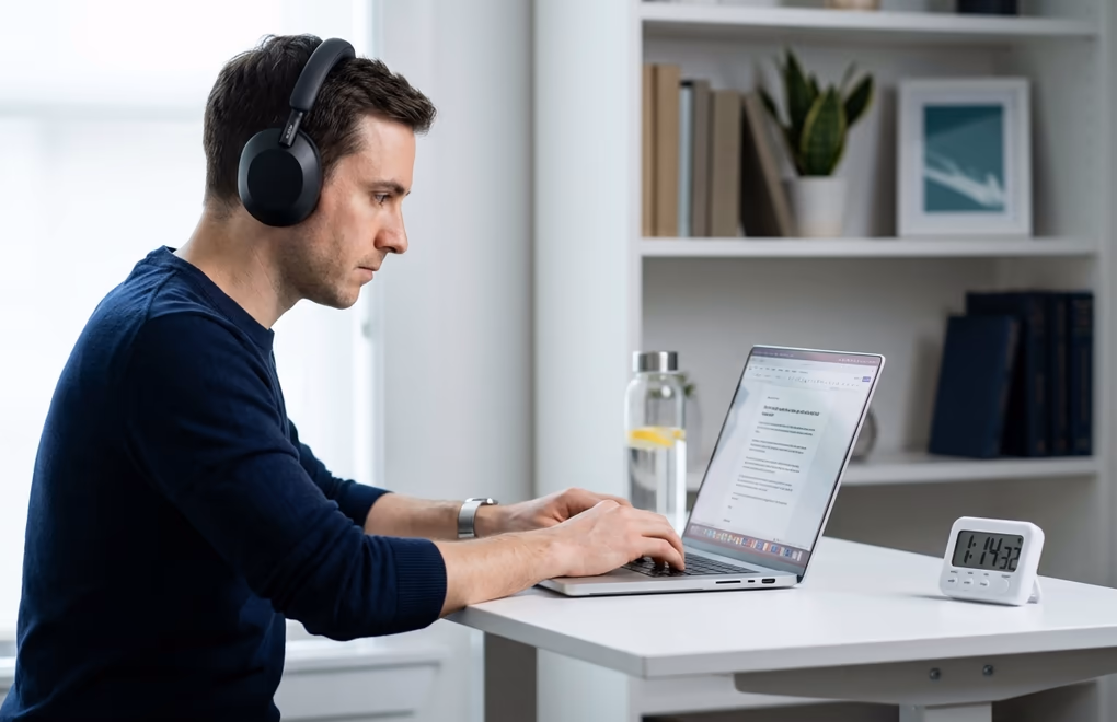 Focused creator at a clean desk writing LinkedIn posts on a laptop with noise-canceling headphones and a timer showing 90 minutes