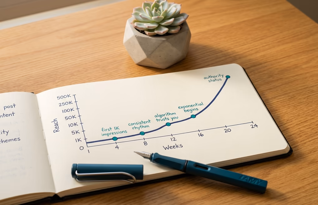 Hand-drawn exponential growth curve in a notebook with weekly posting milestones marked along the timeline showing how consistency compounds LinkedIn reach