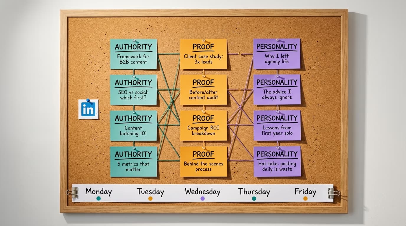 Cork board with pinned index cards showing a weekly LinkedIn content strategy connected by colored thread mapping content pillars to posting days