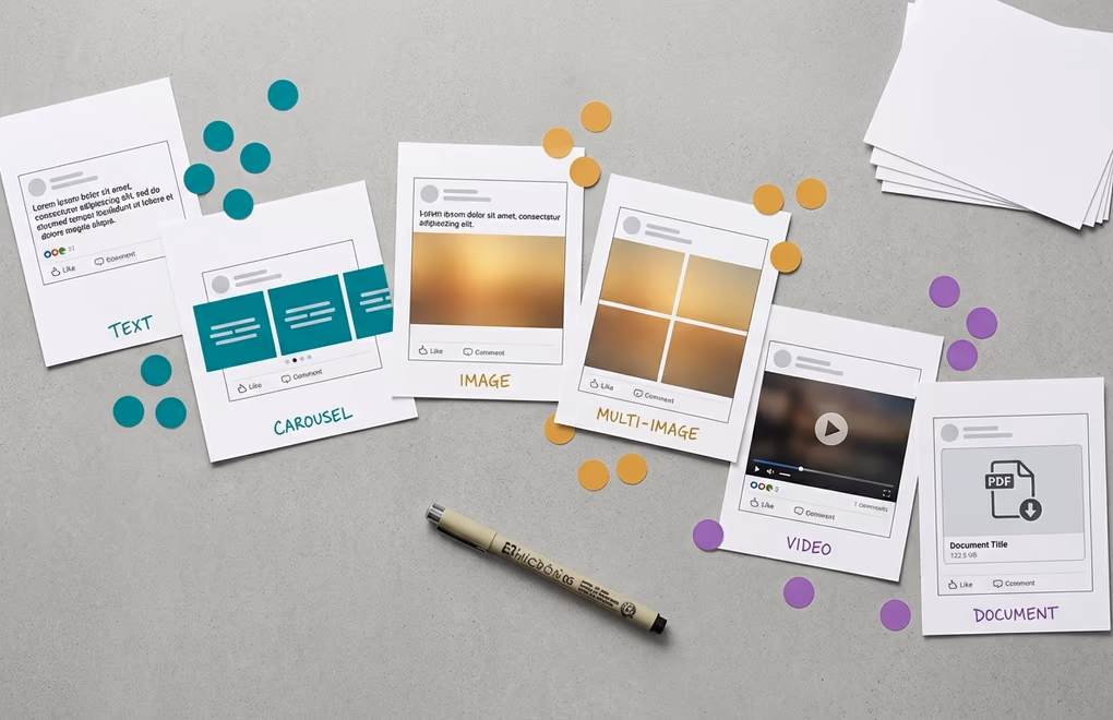 Overhead view of printed LinkedIn post mockups spread across a desk showing different formats including text, carousel, image, and video thumbnail posts
