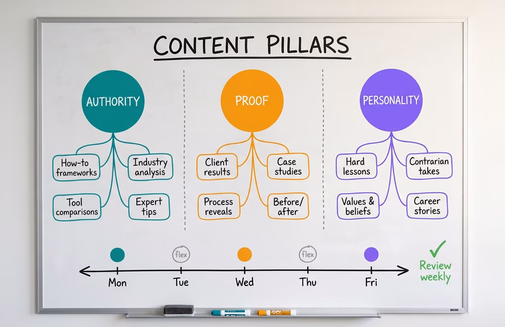Whiteboard diagram showing three content pillars labeled Authority, Proof, and Personality with branching topic ideas under each