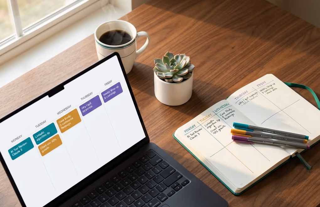 Split view of a laptop showing a digital content calendar alongside an open paper planner with handwritten post ideas and colored markers