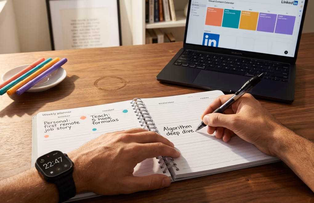 Close-up of hands writing in a planner with a timer showing 30 minutes and a laptop open to a content calendar tool