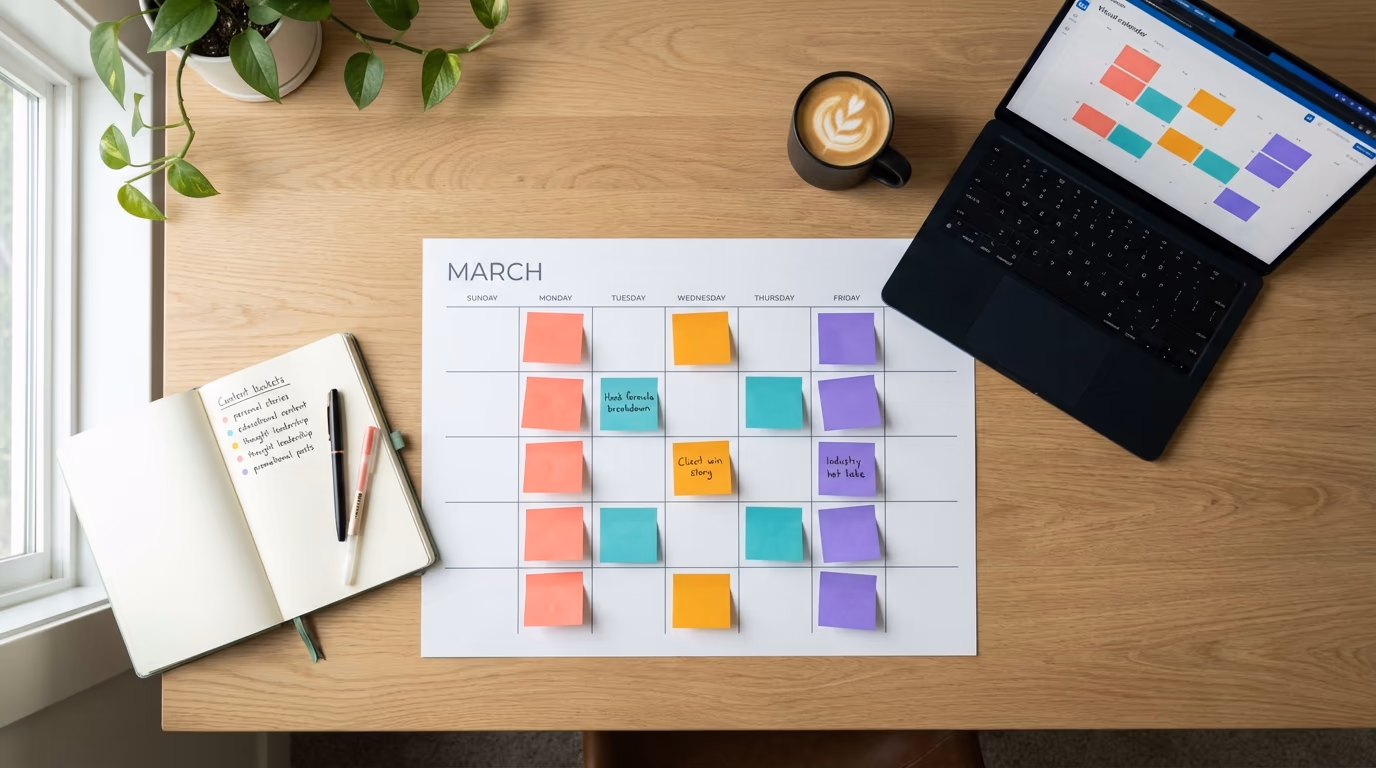 A clean monthly content calendar spread across a desk with color-coded sticky notes representing different LinkedIn content themes