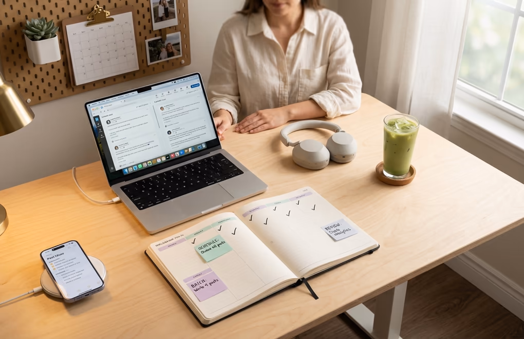 Organized desk workspace with a weekly planner showing content batching zones for ideation, writing, and scheduling across different days