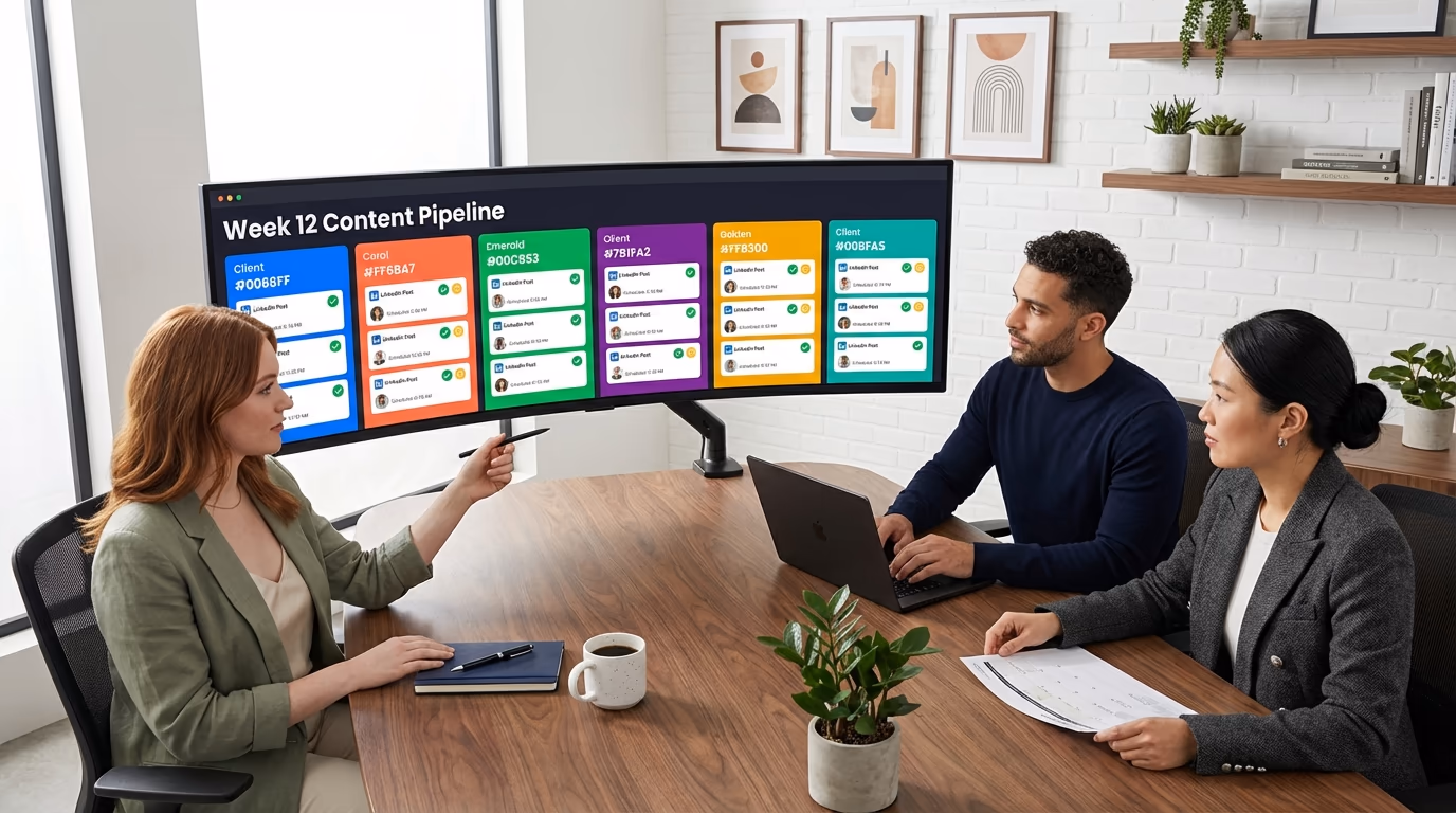 Agency team managing LinkedIn content for multiple clients on a large dashboard with color-coded client columns and approval workflows