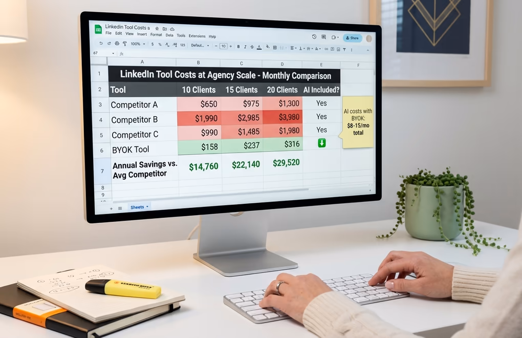 Financial spreadsheet comparing monthly costs of different LinkedIn management tools for an agency managing 10, 15, and 20 client accounts