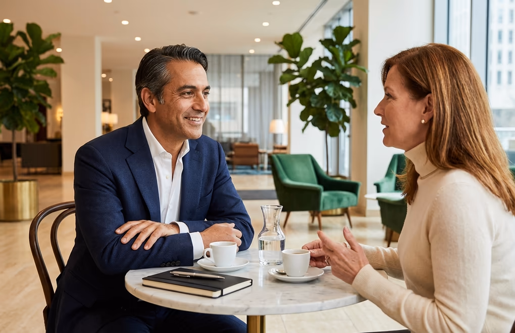 Coach having a natural, trust-based conversation with a prospective client over coffee in a relaxed professional setting